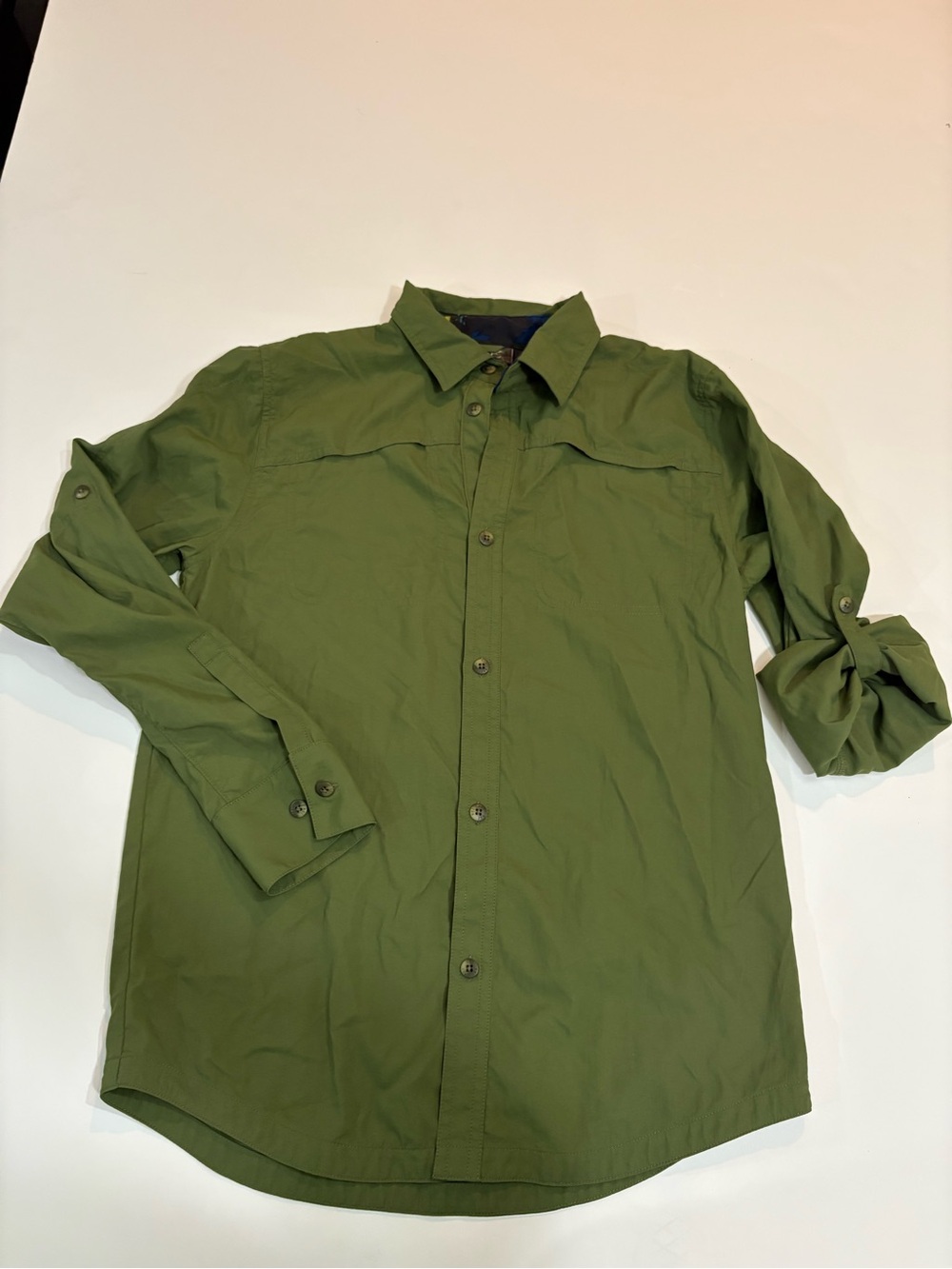 REI Boys' Camouflage Jacket in Olive Green with Blue Accents